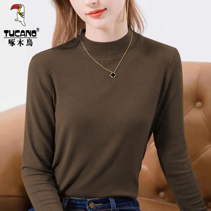 啄木鸟秋冬纯色打底衫女内搭螺纹长袖时尚洋气百搭上衣女修身显瘦