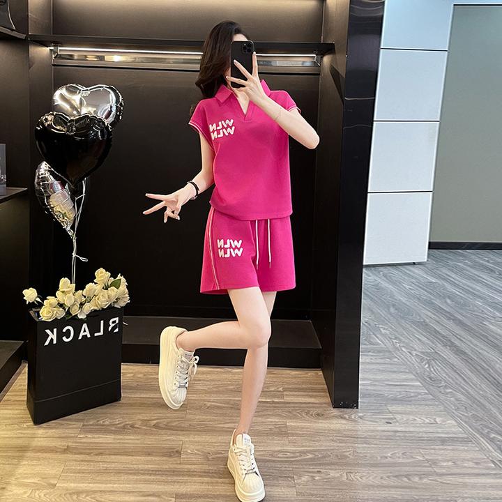宽松微胖洋气休闲女夏季新款2024运动玫红色时尚减龄显瘦两件套装