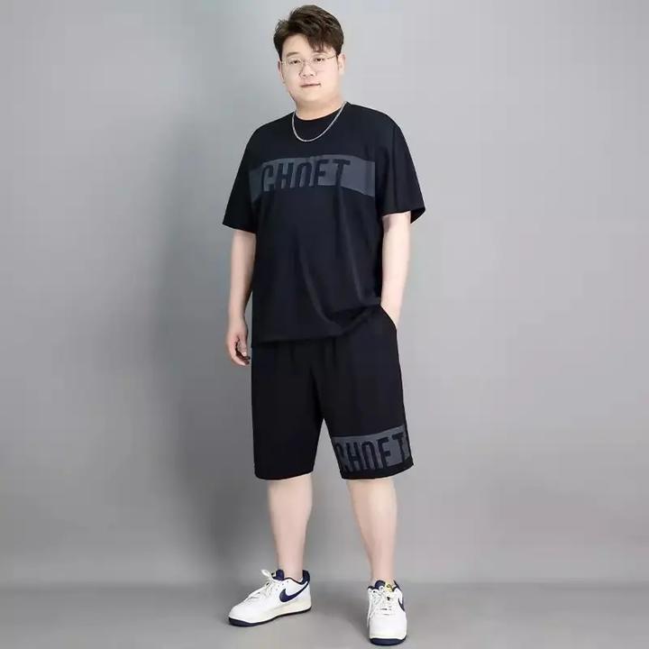 大码冰丝运动套装男夏季薄款冰感T恤短裤两件套男士休闲男装潮牌