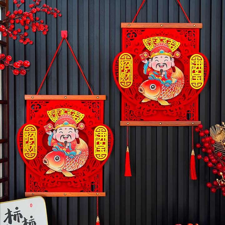 2025新年摇头财神春节红木福字挂件玄关客厅家居装饰过年喜庆挂饰