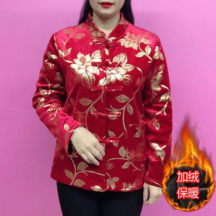 中老年女装开衫宽松民族风复古女装唐装长袖冬季打底保暖加绒上衣