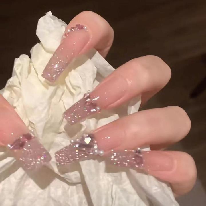 纯手工穿戴甲仙女碎钻爆闪中长款网红爆款显白冰透小女生美甲贴