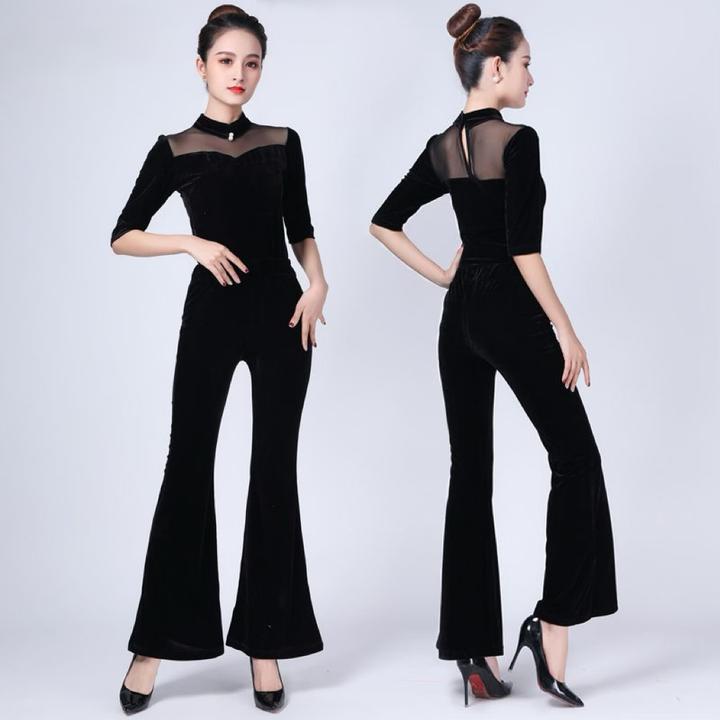 四季拉丁现代舞练习套装女训练形体礼仪培训丝绒连体衣成年练功服