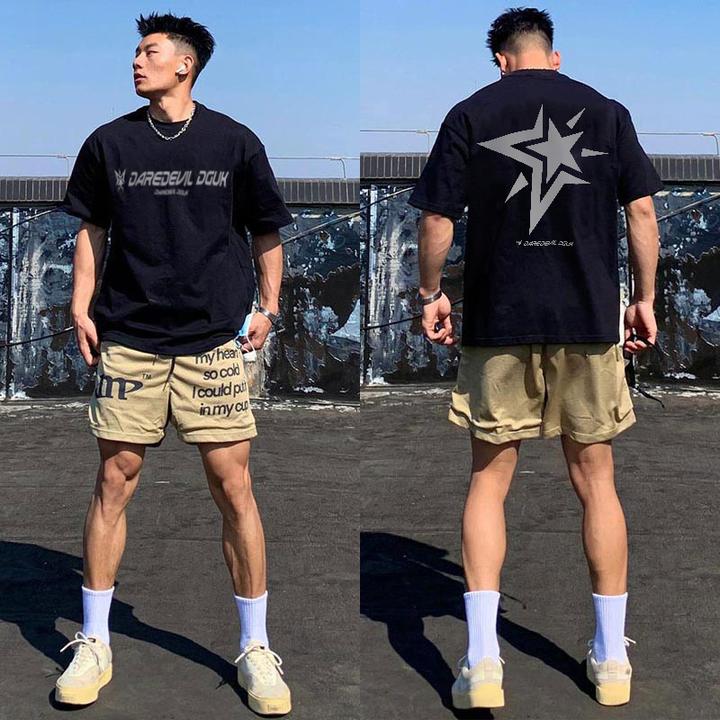 创意图案五角星短袖T恤100%纯棉休闲上衣夏季男生百搭ins风格体恤