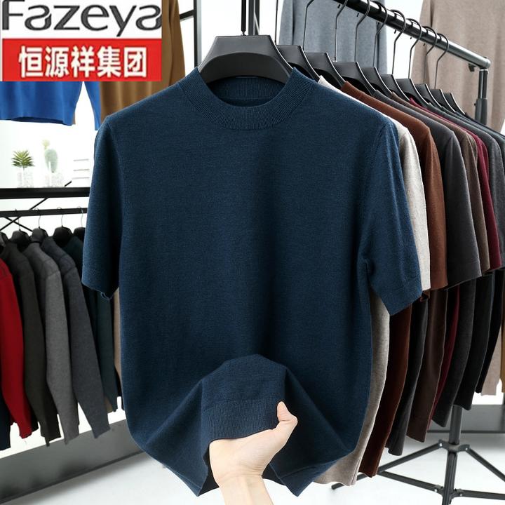 恒源祥集团圆领时尚都市宽松型2024年秋季短袖男装针织衫