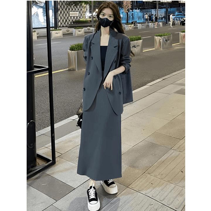 高级感休闲西服套装裙女秋季中长款西装外套高腰半身裙显瘦两件套