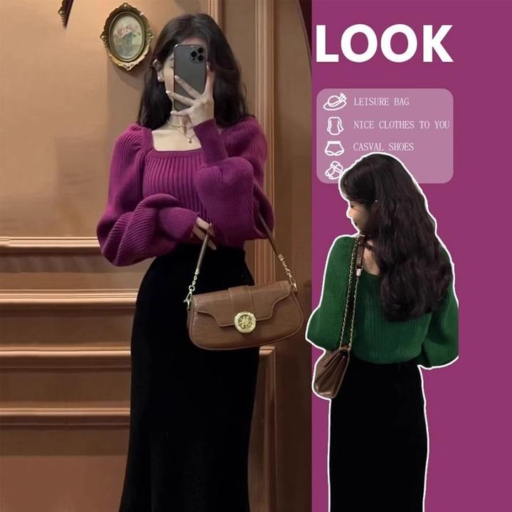 港味复古纯色针织衫女2024新款气质减龄别致短款灯笼袖毛衣女秋冬
