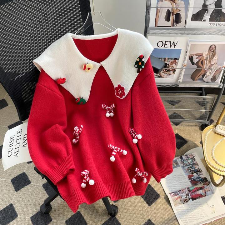 蝴蝶结娃娃领圣诞红色毛衣女秋冬2024新款慵懒宽松氛围感针织上衣