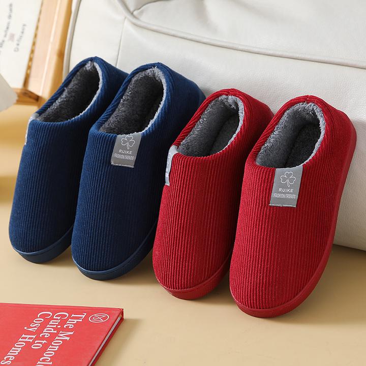 瑞恪冬季款加厚条纹款灯芯绒情侣防滑居家厚底保暖加绒包跟棉鞋女