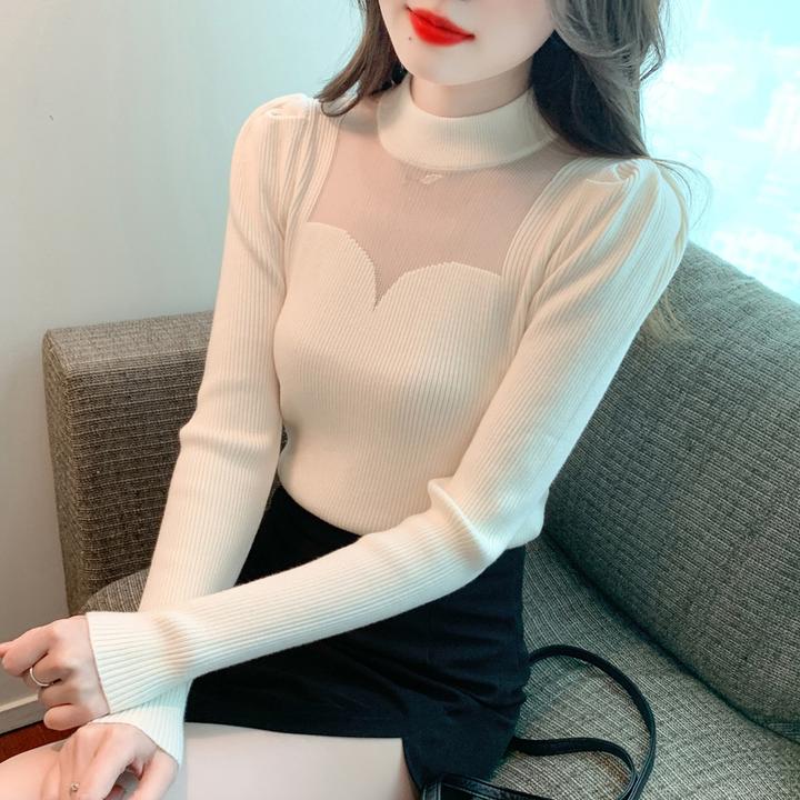 设计感小众网纱半高领毛衣女春季新款加厚内搭长袖打底针织衫上衣