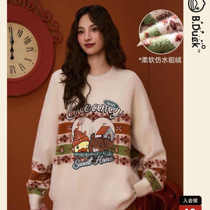 B.Duck小黄鸭温暖森林系列2025冬新款费尔岛甜美宽松提花毛衣女