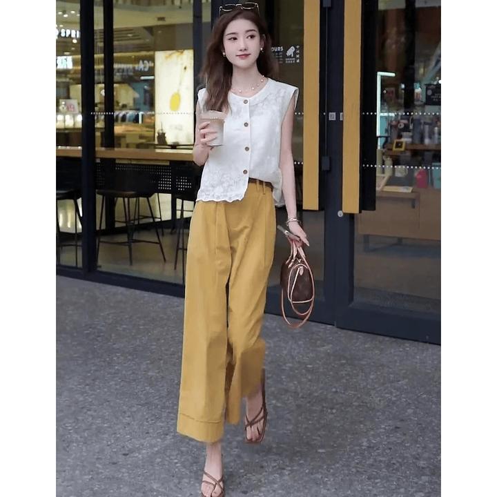 夏装搭配一整套时尚微胖减龄穿搭镂空上衣九分休闲裤显高两件套装