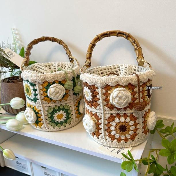 米粒麻麻手工原创国风山茶花水桶包毛线编织手提包钩针材料包自制