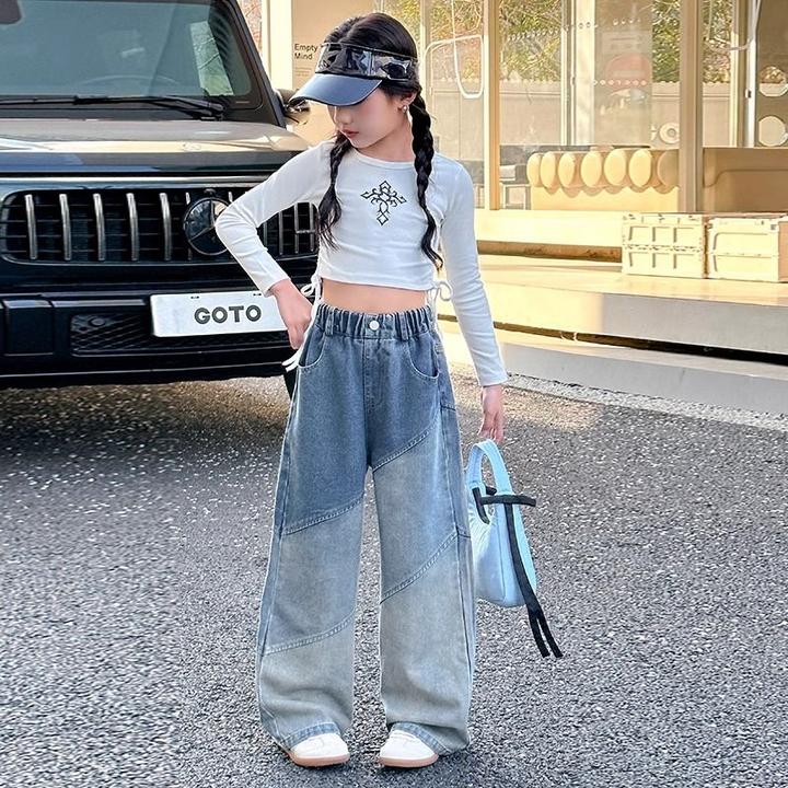 女童露肚脐爵士舞潮装2024新款收腰上衣阔腿牛仔街舞裤炸街套装潮