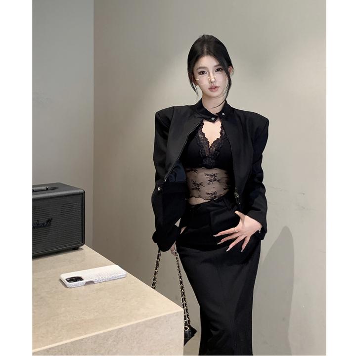复古性感甜酷修身立领拉链宽松夹克外套蕾丝背心吊带女显瘦半身裙