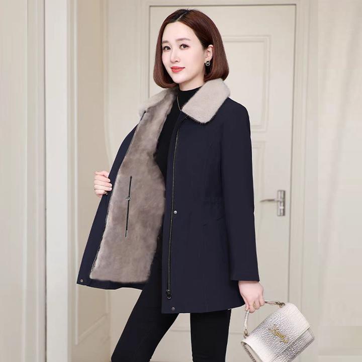 冬季派克服女翻领中长款仿皮草内胆加绒加厚尼克服中长款大衣外套