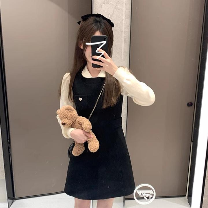 黑色背心连衣裙子女秋冬季2024新款韩系穿搭今年流行漂亮两件套装