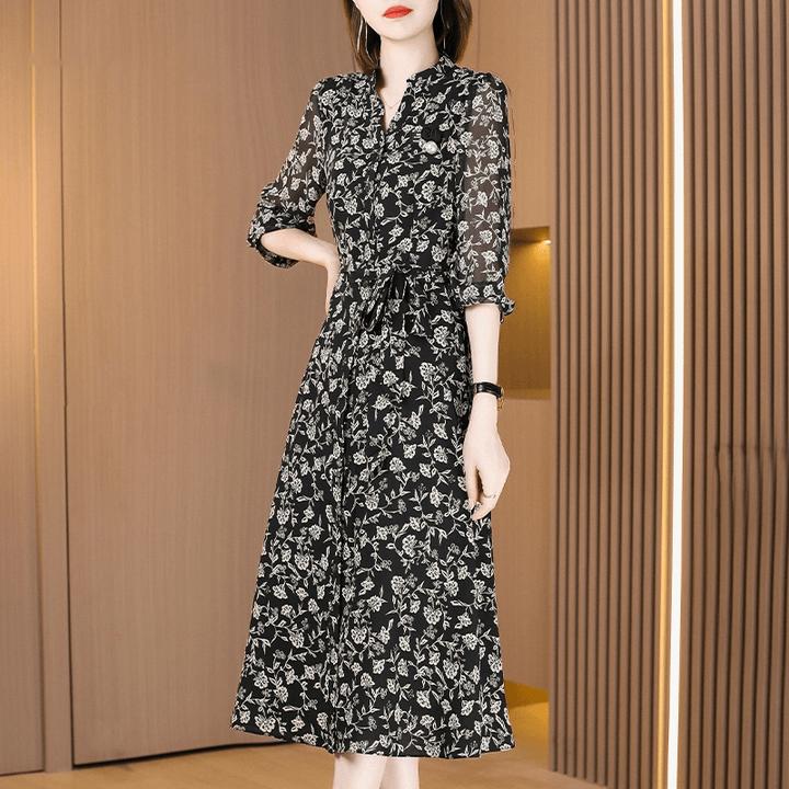 H399新款高端精致气质七分袖雪纺碎花连衣裙子女夏季妈妈洋气减龄