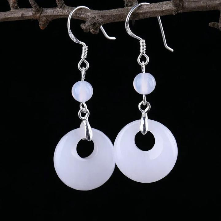 铜合金玻璃耳饰 防平安扣耳环偏心国风耳坠白色长款古风气质百搭