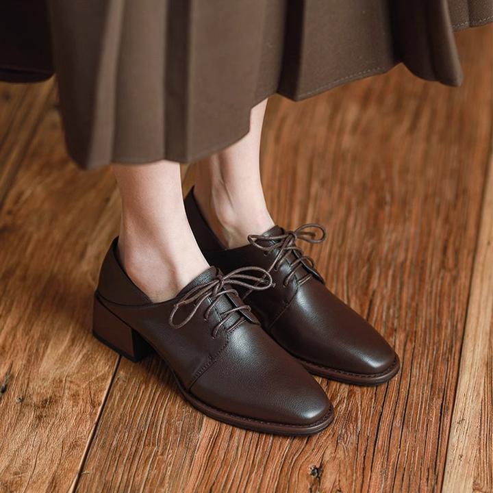 PinkAvril圆头单鞋女2025年秋冬季新款系带百搭粗跟工作小皮鞋女