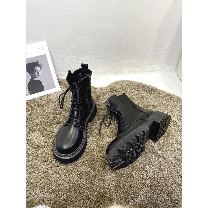 马丁靴女2024新款英伦风黑色显脚小内增高显瘦瘦厚底短靴春秋单靴