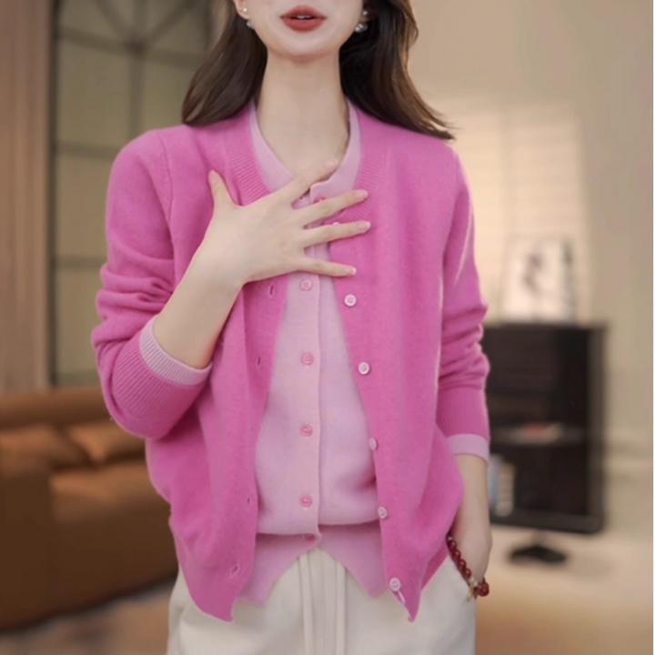 假两件时尚撞色设计感圆领针织毛衣女减龄别致简约显瘦开衫上衣潮