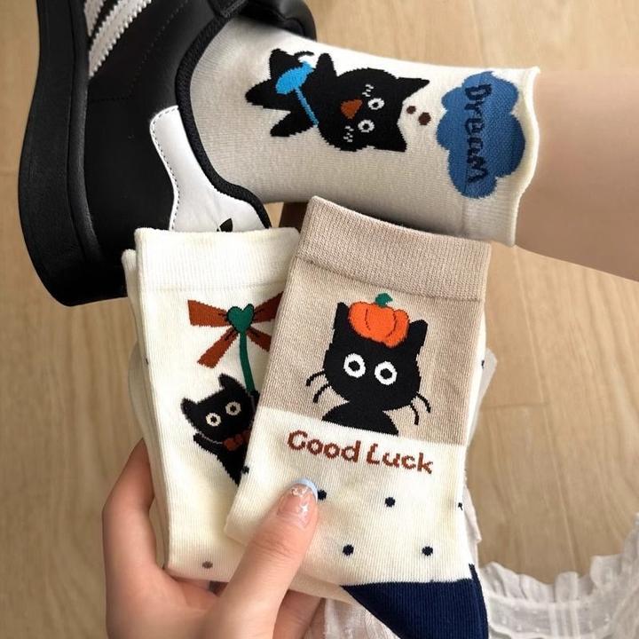 袜子女韩版ins卡通中筒袜子秋冬季学生可爱有趣个性猫咪波点yj