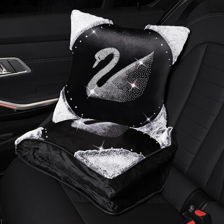 汽车车载抱枕卡通镶钻天鹅女两用可折叠被子多功能车用靠枕空调被