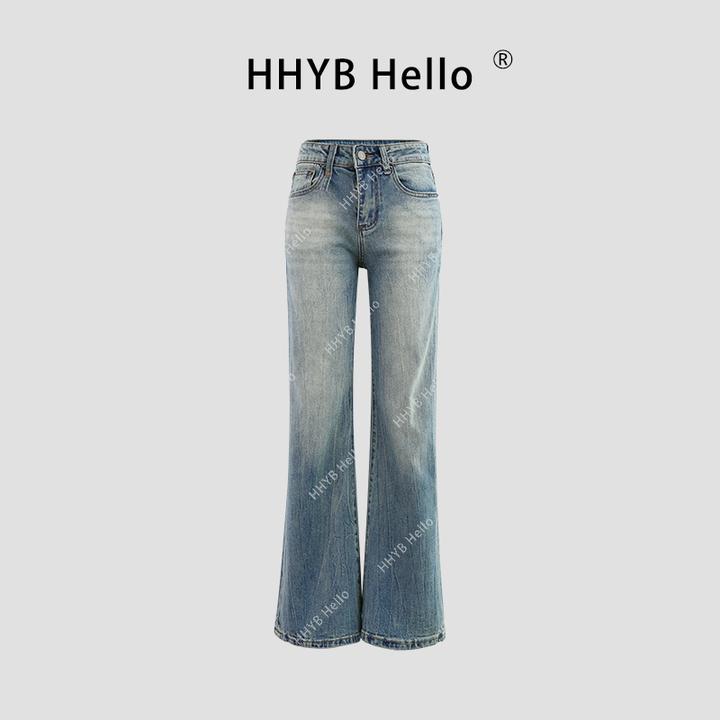 HHYB Hello百搭水洗蓝做旧蓝色休闲中腰窄版直筒牛仔裤 Q244316