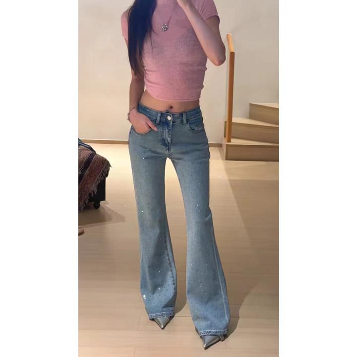 HHYB Hello烫钻修身微喇叭裤牛仔裤女春夏新款休闲碎钻长裤Q8021
