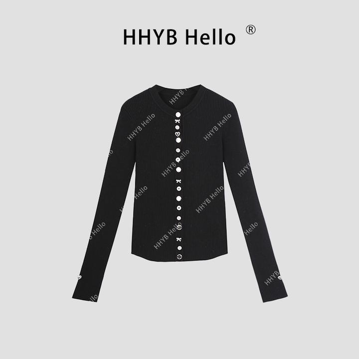 HHYB Hello2024新款重工带钻扣圆领长袖针织开衫修身针织衫H30034