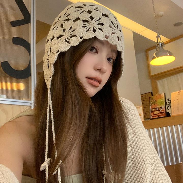 波西米亚手工编织镂空包头帽女新款民族风钩花护耳夏季针织帽子
