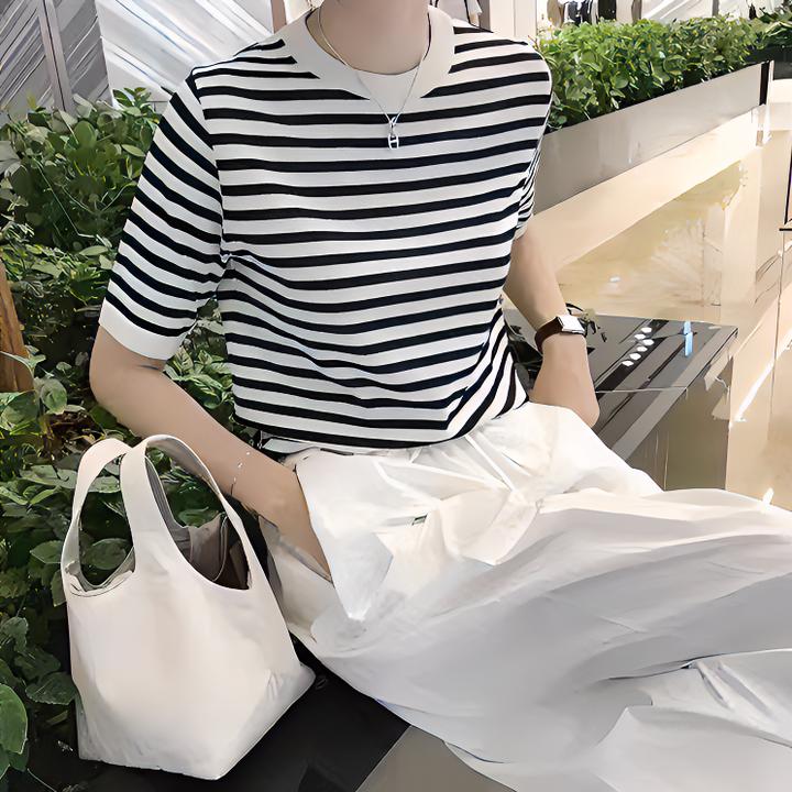 俊丰大码夏季新款时尚百搭宽松潮流显瘦看球黑白条纹短袖针织衫