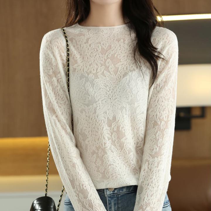 锦衣绣袄！圆领羊毛衫女春季套头长袖镂空内搭上衣百搭打底针织衫