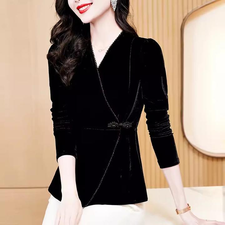 交叉V领金丝绒打底衫女秋冬新款洋气时尚内搭外穿长袖t恤盘口上衣