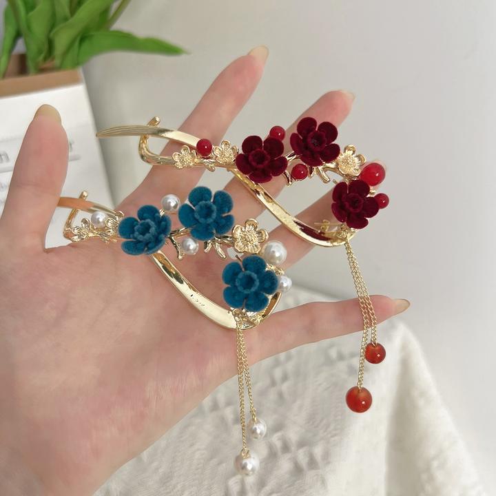 锌合金布艺发饰 高雅梅花流苏一字扭扭夹盘发夹古风抓夹花朵头饰