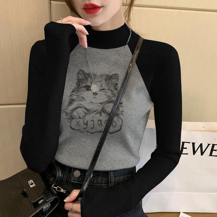 冬季保暖长袖t恤女内搭2025插肩袖修身百搭上衣拼接半高领打底衫