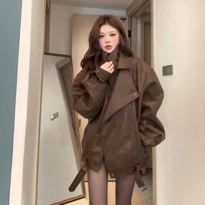 美式复古棕色机车风皮衣外套女秋冬爆款高级宽松显瘦百搭夹克上衣