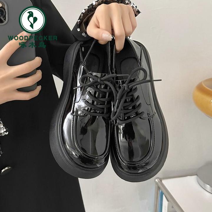 啄木鸟英伦风系带jk小皮鞋女款圆头百搭厚底增高配裙子两穿乐福鞋
