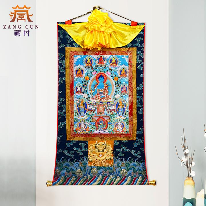 藏村《药师八尊唐卡挂画》矿物颜料家居唐卡装饰画西藏玄关壁画