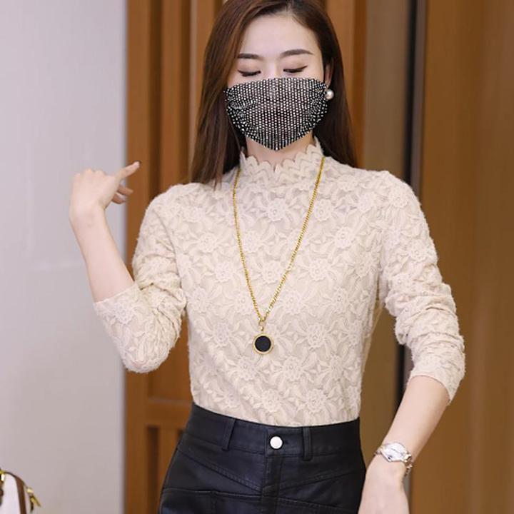 蕾丝提花半高领打底衫女秋冬新款洋气时尚百搭显气质上衣