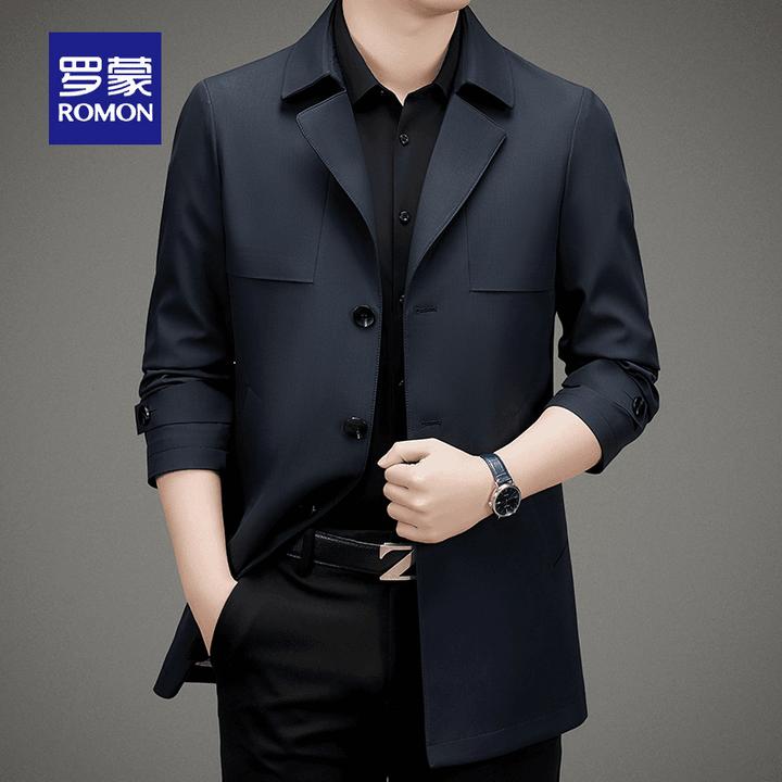 罗蒙翻领高档潮流中长款风衣夹克2024秋季新款轻奢修身休闲男外套