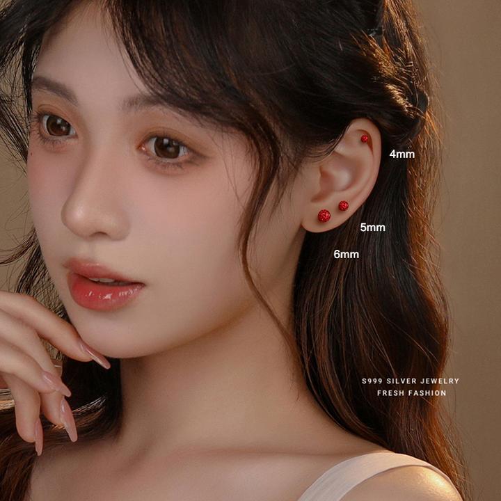 足银耳饰  S999足银红色爆闪螺丝耳钉女小众设计感养耳洞简约百搭