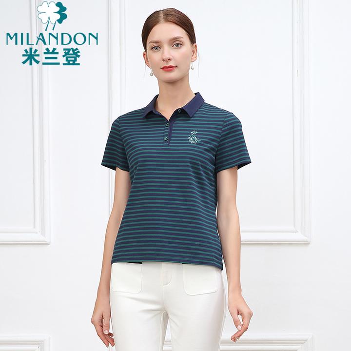MILANDON/米兰登夏季新款POLO领条纹上衣女士休闲短袖T恤1N2T1104