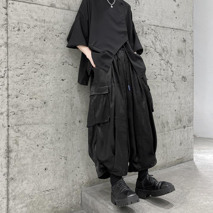 夏装山本耀司日系复古大口袋九分灯笼裤男暗黑系冰丝暗纹裤子大码