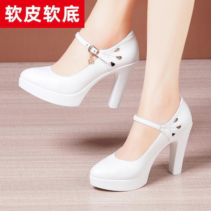 春季走秀中跟高跟鞋女士细跟尖头厚底防水台软底舒适浅口单鞋大码