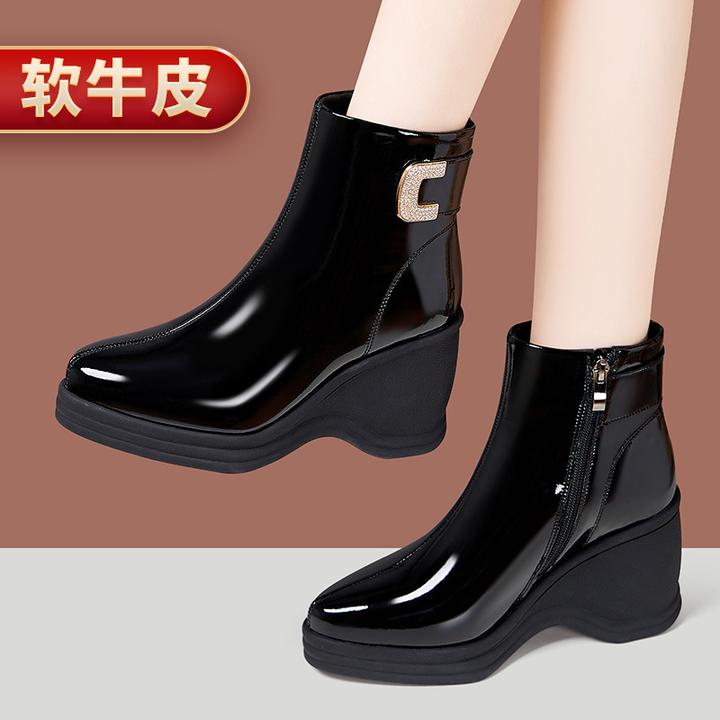 秋冬厚底增高女靴真皮坡跟厚底防水台马丁靴秋冬漆皮高跟爆款短靴