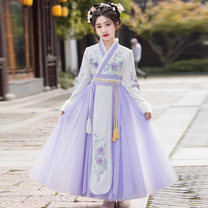女童汉服冬季加绒超仙中国风古装演出服女孩唐装拜年服新年装加厚