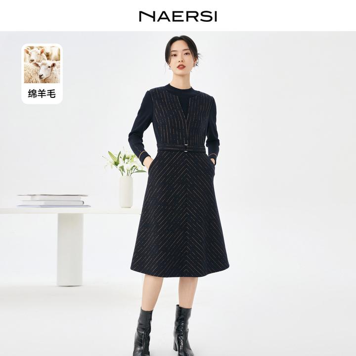 娜尔思绵羊毛气质长袖针织修身优雅秋冬提花女装连衣裙NF08235Q7