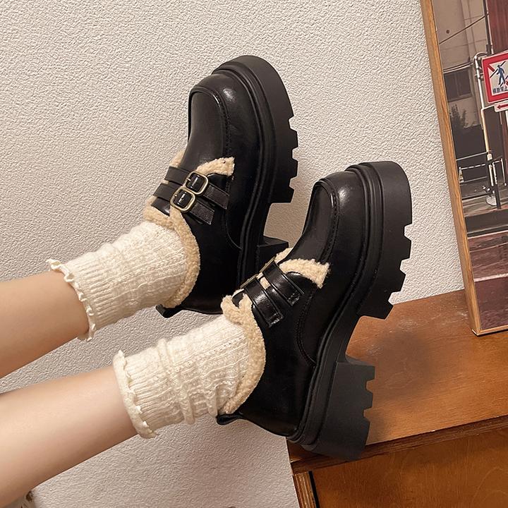 【现货】时尚厚底皮鞋黑色双扣带装饰秋冬皮鞋单鞋乐福鞋女百搭复古